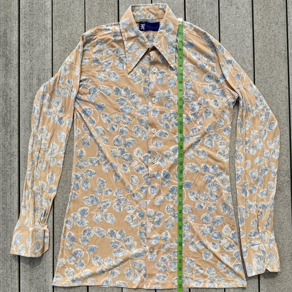 Vintage 1970s 70s Men Sz L TALL Peach Leaves Stretch Saturday Night Fever Disco - Picture 4 of 5
